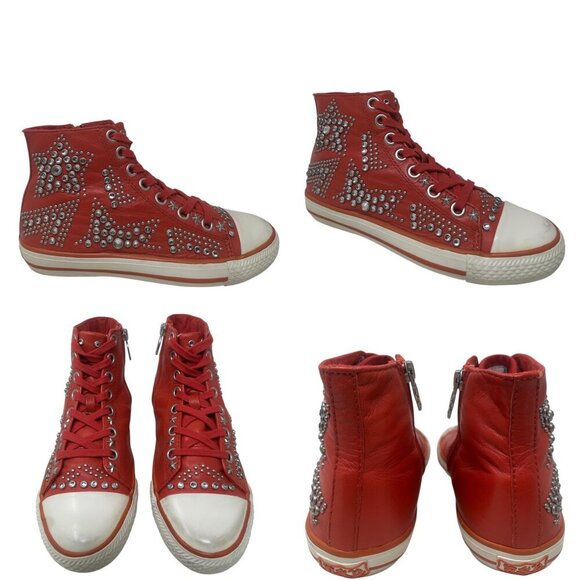 ASH Red Soft Leather High Top Sneakers Silver Studded Stars Distressed Toe 7 Y2K - Picture 12 of 13
